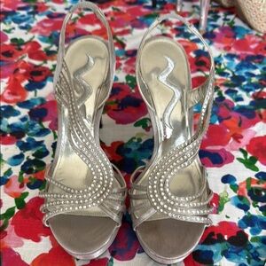 Silver Stiletto Platform Heels with Rhinestone Straps